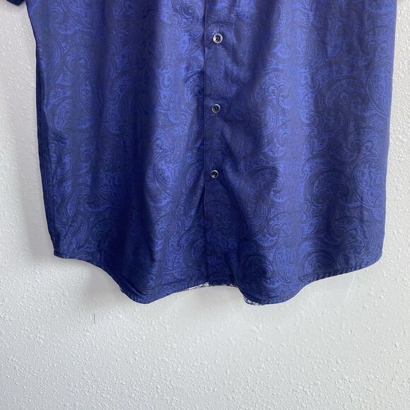 Robert Grahman Mens Large Navy Paisley Button Up Shirt Flip Cuff Short Sleeve - Picture 5 of 10
